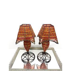 Vintage beaded tea light lamps , beaded candle holders , Red Orange beaded decor